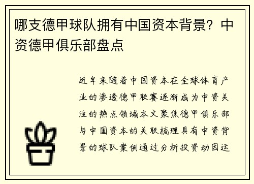 哪支德甲球队拥有中国资本背景？中资德甲俱乐部盘点