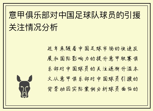 意甲俱乐部对中国足球队球员的引援关注情况分析